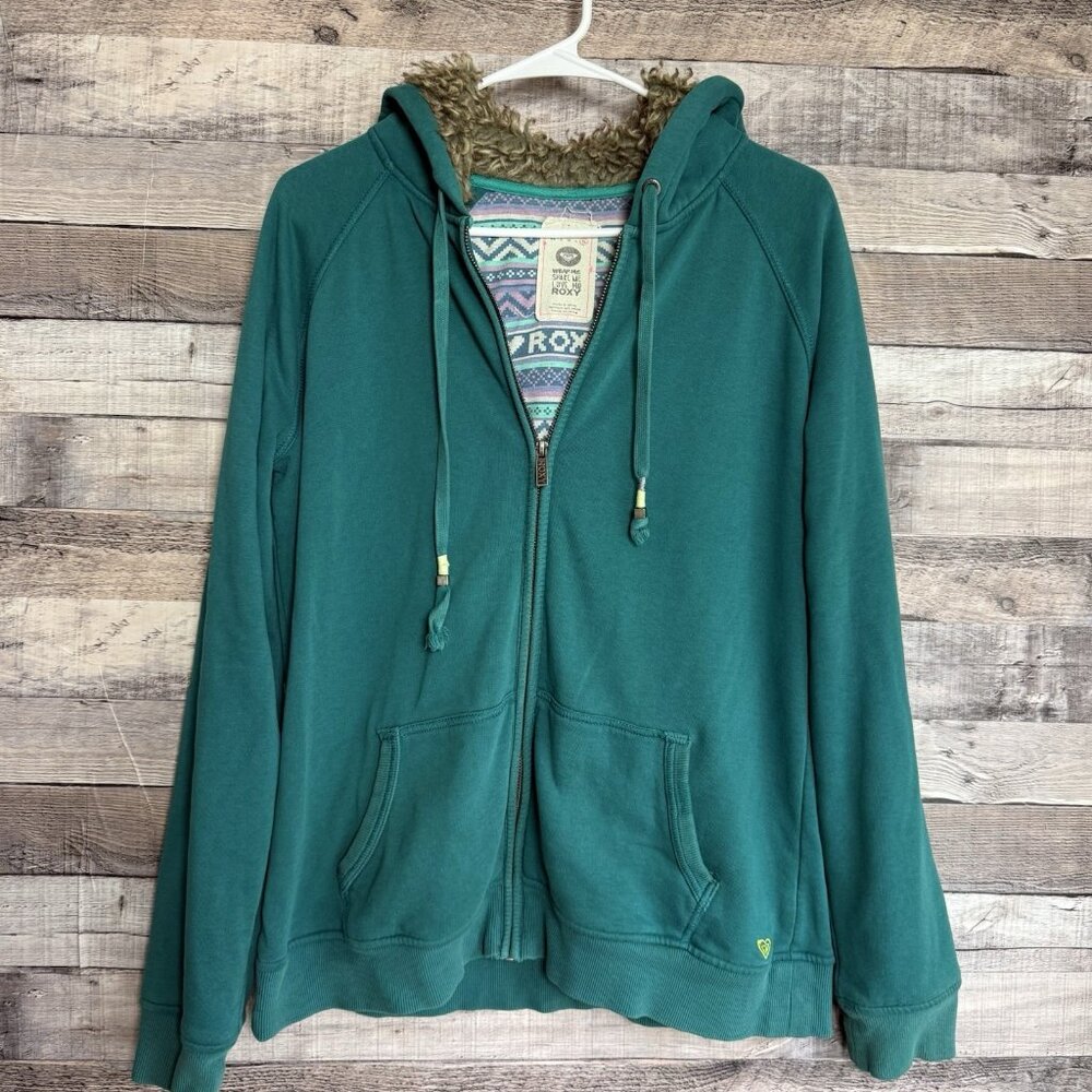 Roxy Full Zip Hooded Sweatshirt Y2K Green Fur Lined Hood Size XL